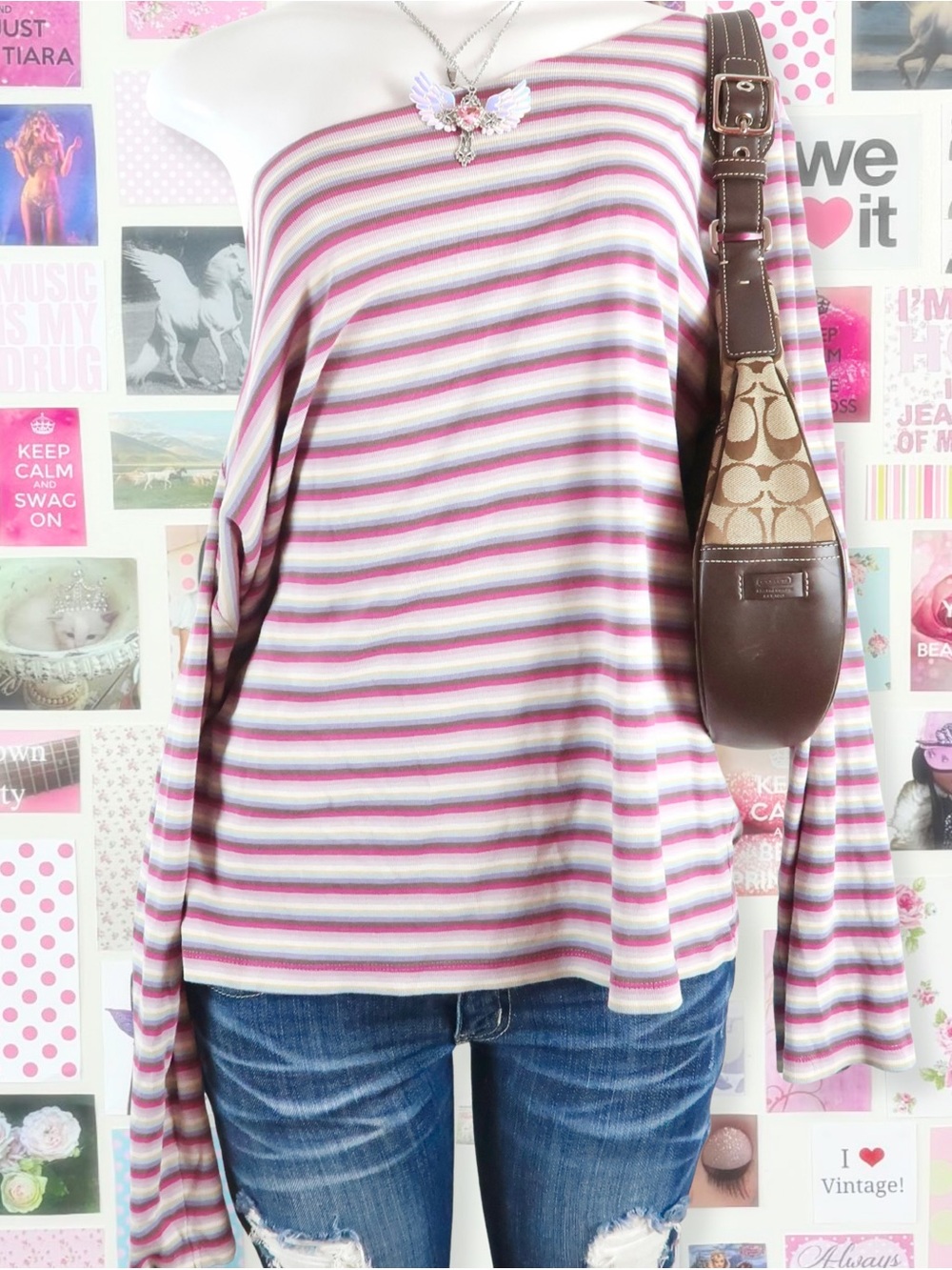 y2k multicolor off the shoulder striped long sleeve top 2000s fitted pink blue